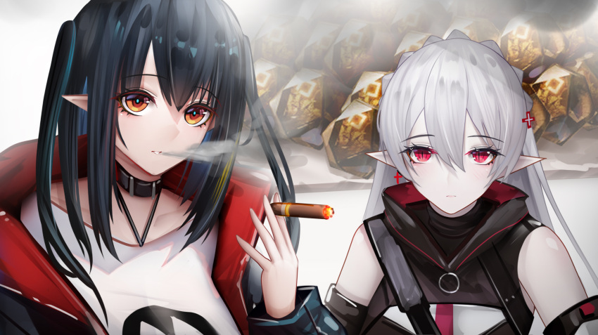 2girls arknights bangs bare_shoulders binggong_asylum black_choker black_hair black_jacket choker cigarette closure_(arknights) commentary_request cross_hair_ornament detached_sleeves eyebrows_visible_through_hair fang hair_ornament hand_up highres holding holding_cigarette jacket long_hair long_sleeves looking_at_viewer multiple_girls open_clothes open_jacket orange_eyes originium_(arknights) parted_lips pointy_ears red_eyes shirt silver_hair smoke smoking t-shirt two_side_up upper_body warfarin_(arknights) white_background white_shirt