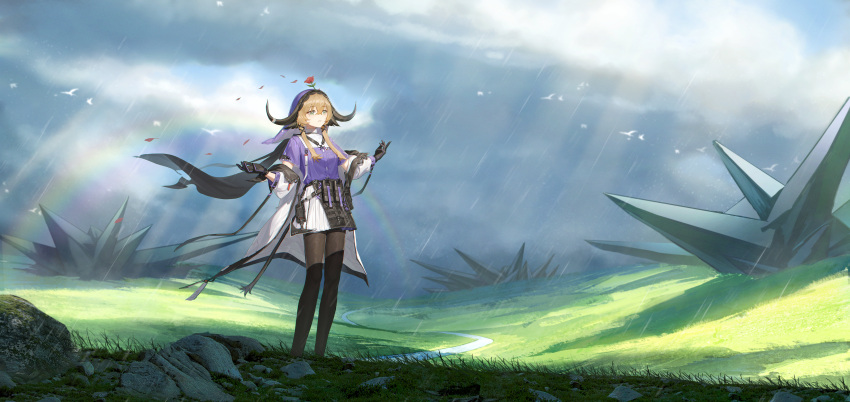 1girl absurdres animal_ears arknights bangs bird black_gloves black_pantyhose brown_hair clouds cloudy_sky commentary_request cow_ears cow_girl cow_horns detached_sleeves flower flower_on_head gloves grass green_eyes hair_between_eyes highres horns long_sleeves outdoors pallas_(arknights) pantyhose petals purple_shirt rain rainbow red_flower red_rose road rock rose shirt short_sleeves skirt sky solo standing white_skirt yidie