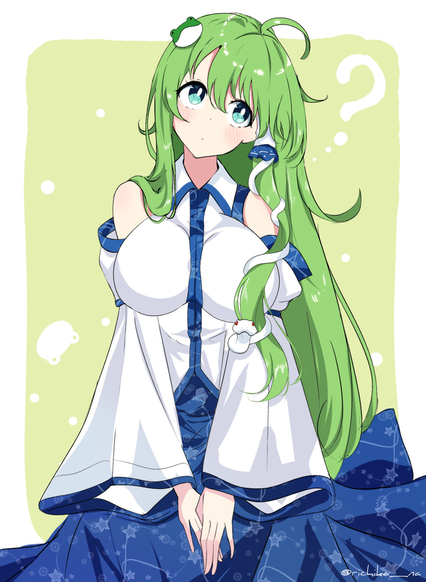 1girl ? ahoge blue_eyes blue_skirt blush breasts closed_mouth commentary cowboy_shot detached_sleeves facing_viewer frog_hair_ornament green_background green_hair hair_ornament hair_tubes hands_together head_tilt highres kochiya_sanae large_breasts long_hair looking_to_the_side looking_up richika_na shirt sidelocks simple_background skirt snake_hair_ornament solo star_(symbol) star_print symbol-only_commentary touhou twitter_username white_shirt wide_sleeves wing_collar
