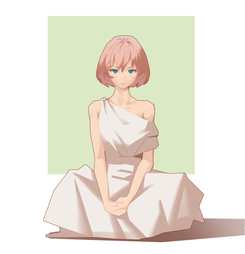 1girl absurdres bare_arms bare_shoulders blue_eyes closed_mouth collarbone commentary full_body green_background hands_on_lap highres looking_at_viewer mudined original pink_hair shadow short_hair sitting solo toga two-tone_background white_background