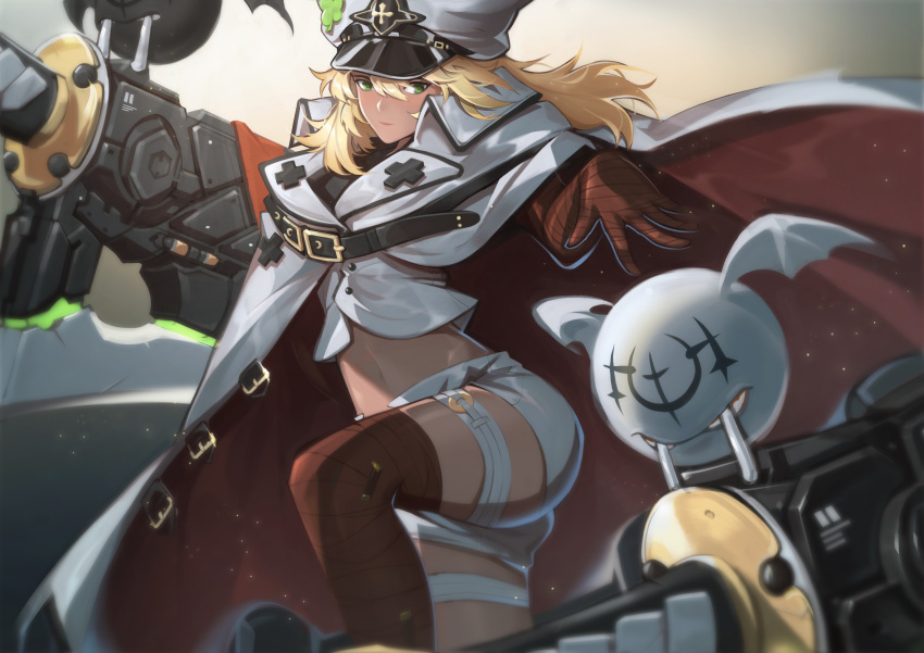 1girl absurdres bandaged_arm bandages barefoot blonde_hair cape dark-skinned_female dark_skin green_eyes guilty_gear guilty_gear_strive hat highres midriff ramlethal_valentine white_headwear