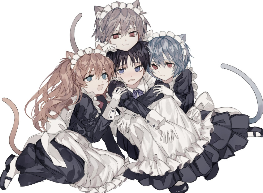 2boys 2girls animal_ears apron ayanami_rei bangs black_dress black_footwear black_hair blue_eyes blue_pupils bow bowtie cat_boy cat_ears cat_girl cat_tail chin_on_head closed_mouth commentary_request crossdressinging deep_(deep4946) dress eyebrows_visible_through_hair fang gloves grey_hair hair_between_eyes hand_on_another's_shoulder head_on_head head_rest highres ikari_shinji juliet_sleeves long_hair long_sleeves maid maid_apron maid_headdress multiple_boys multiple_girls nagisa_kaworu neon_genesis_evangelion open_mouth orange_hair out_of_character puffy_sleeves purple_neckwear red_eyes red_pupils short_hair simple_background skin_fang smile souryuu_asuka_langley tail white_apron white_background white_gloves