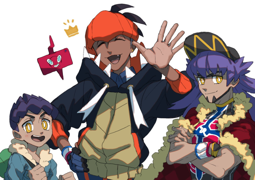 3boys :d bag baseball_cap black_hair black_hoodie blue_jacket blush bright_pupils cape champion_uniform closed_eyes closed_mouth collared_shirt crossed_arms dark-skinned_male dark_skin duffel_bag dynamax_band earrings facial_hair fangs fur-trimmed_cape fur-trimmed_jacket fur_trim gen_4_pokemon gloves green_bag gym_leader hand_on_hip hand_up hat highres hood hoodie hop_(pokemon) jacket jewelry komame_(st_beans) leon_(pokemon) long_hair looking_at_viewer male_focus multiple_boys open_mouth orange_headwear partially_fingerless_gloves pokemon pokemon_(game) pokemon_swsh purple_hair raihan_(pokemon) red_cape rotom rotom_phone shield_print shirt short_hair simple_background single_glove smile sword_print symbol-only_commentary tongue undercut white_background white_pupils yellow_eyes