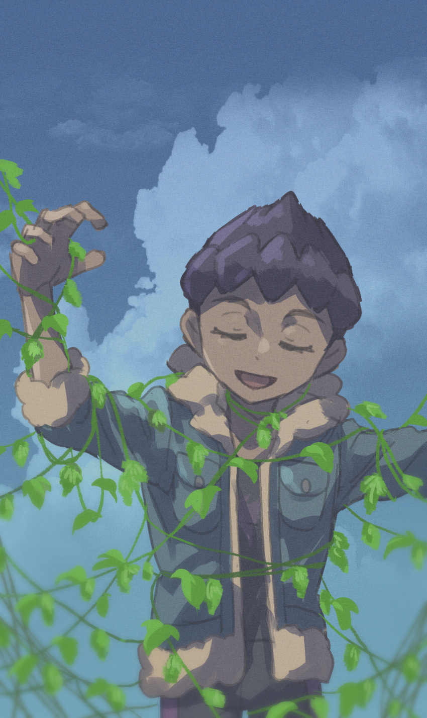 1boy :d black_shirt blue_jacket closed_eyes clouds commentary_request dark-skinned_male dark_skin day eyelashes facing_viewer fur-trimmed_jacket fur_trim hand_up highres hop_(pokemon) jacket komame_(st_beans) male_focus open_clothes open_jacket open_mouth outdoors plant pokemon pokemon_(game) pokemon_swsh shirt short_hair sky smile solo tongue vines