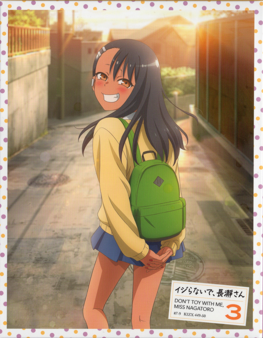 1girl black_hair color_halftone copyright_name dark-skinned_female dark_skin evening feet_out_of_frame from_behind green_bag highres ijiranaide_nagatoro-san looking_back nagatoro_hayase official_art pleated_skirt scan skirt solo sweater torrent_source yellow_sweater