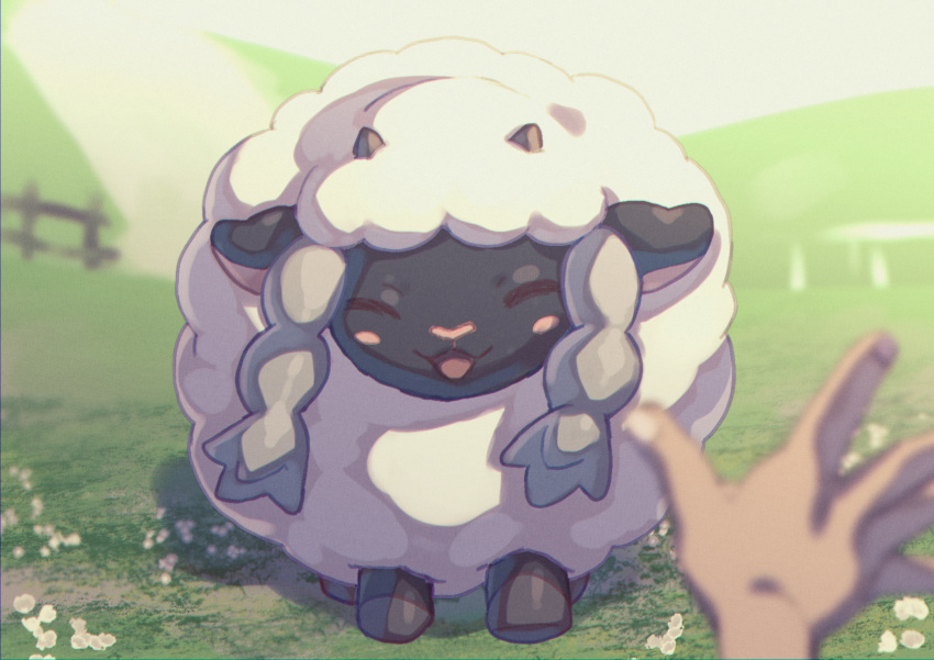 1boy blurry closed_eyes commentary_request day fence flower gen_8_pokemon grass highres komame_(st_beans) open_mouth outdoors pokemon pokemon_(creature) sheep smile tongue waving white_flower wooloo