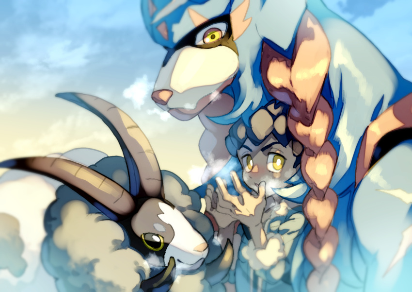 1boy breath bright_pupils commentary_request dark-skinned_male dark_skin day dubwool fur-trimmed_jacket fur_trim gen_8_pokemon hands_up highres hop_(pokemon) jacket komame_(st_beans) legendary_pokemon looking_at_viewer male_focus outdoors pokemon pokemon_(creature) pokemon_(game) pokemon_swsh short_hair white_pupils yellow_eyes zacian zacian_(hero)