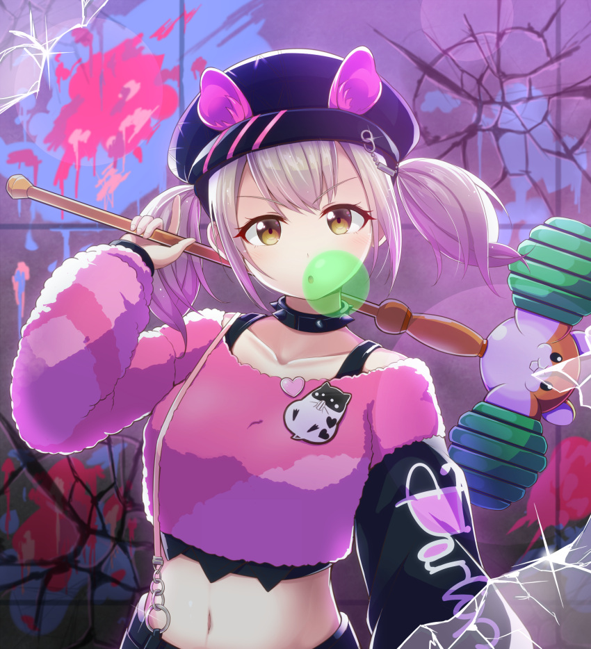 1girl :o animal_ears animal_hat azusawa_kohane badge bangs black_collar black_headwear brown_eyes bubble_blowing button_badge cabbie_hat chewing_gum clothes_writing collar collarbone commentary_request cracked_glass cracked_wall crop_top eyebrows_visible_through_hair fake_animal_ears glint graffiti hammer hat head_tilt heart highres holding holding_hammer long_sleeves looking_at_viewer midriff navel o-ring over_shoulder pink_shirt project_sekai qixi_cui_xing shiny shiny_hair shirt short_hair short_twintails sidelocks silver_hair solo spiked_collar spikes twintails upper_body v-shaped_eyebrows weapon weapon_over_shoulder