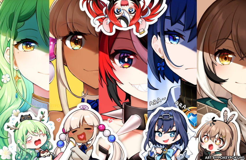 5girls animal_ears animal_on_head antlers ara_ara artist_name asymmetrical_hair bangs black_dress black_gloves black_hair blank_eyes blue_eyes blue_hair blue_neckwear blue_ribbon blunt_bangs blush bow bow_earrings bowtie braid brown_eyes brown_hair buffering cat cat_on_head ceres_fauna chain chibi closed_eyes closed_mouth clover_(ceres_fauna) collar commentary detached_sleeves dice_hair_ornament dress drooling earrings elbow_gloves expressionless eyebrows_visible_through_hair face feather_hair female_pervert flower gloves green_hair grin hair_between_eyes hair_flower hair_ornament hairclip hakos_baelz head_chain headpiece heart heart_in_mouth holding_another's_foot holocouncil hololive hololive_english jewelry long_hair looking_at_viewer mouse_ears mousetrap mouth_drool multicolored_hair multiple_girls multiple_views nanashi_mumei neck_ribbon on_head open_mouth ouro_kronii outline panels pervert planet_hair_ornament pokey ponytail redhead ribbon saliva shade sharp_teeth short_hair silver_hair smile snail_(ceres_fauna) spiked_collar spikes streaked_hair striped sweatdrop teeth tsukumo_sana twintails upside-down vertical-striped_dress vertical_stripes virtual_youtuber wavy_mouth white_dress white_gloves white_hair yellow_eyes