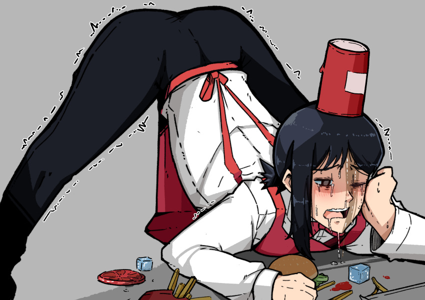 1girl absurdres apron bangs black_hair black_pants bow bowtie brown_eyes burger business_suit chainsaw_man collared_shirt crying cup disposable_cup food formal french_fries grey_background hand_on_own_cheek hand_on_own_face higashiyama_kobeni highres ice ice_cube jack-o'_challenge jack-o'_valentine mark_gavatino mole mole_under_eye nervous office_lady one_eye_closed pants pose red_neckwear ringed_eyes shirt shirt_tucked_in short_hair short_ponytail simple_background solo spill suit trembling wet white_shirt