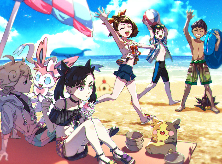 2girls 3boys :d ahoge alternate_costume arm_support arm_up asymmetrical_bangs bangs barefoot beach beach_towel beach_umbrella bede_(pokemon) black_choker black_hair black_nails black_shirt blonde_hair blurry bob_cut bow bowl brown_eyes brown_hair choker closed_eyes clouds collarbone commentary_request curly_hair dark-skinned_male dark_skin day eiscue eiscue_(ice) eyelashes food food_on_face gen_3_pokemon gen_6_pokemon gen_7_pokemon gen_8_pokemon gloria_(pokemon) green_eyes grin hair_ribbon highres holding holding_innertube holding_spoon hood hoodie hop_(pokemon) innertube komame_(st_beans) leaning_back male_swimwear marnie_(pokemon) midriff morpeko morpeko_(full) multiple_boys multiple_girls nail_polish navel off-shoulder_shirt off_shoulder open_clothes open_mouth open_shirt outdoors pincurchin pokemon pokemon_(creature) pokemon_(game) pokemon_swsh red_ribbon ribbon sand sandals sandygast shaved_ice shirt short_hair shorts sitting sky smile spoon standing swim_trunks sylveon teeth themed_object toes tongue towel umbrella victor_(pokemon) wailord water white_footwear zipper