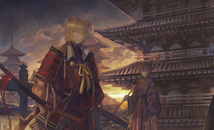 2boys absurdres animal_ears architecture armor blonde_hair brown_eyes brown_hair building cat_boy cat_ears closed_mouth clothing_request commentary_request east_asian_architecture highres hise holding holding_sheath holding_staff holding_weapon japanese_armor japanese_clothes katana long_hair looking_at_viewer male_focus multiple_boys multiple_sources nekomata original outdoors pagoda railing scabbard scenery shakujou sheath sheathed slit_pupils smile staff standing sword twilight weapon wide_sleeves yellow_eyes