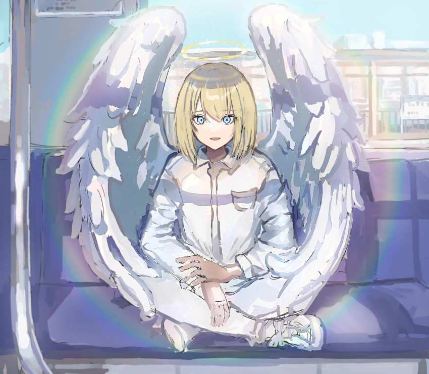 1boy angel angel_wings bangs blonde_hair blue_eyes blue_sky breast_pocket building commentary_request crossed_legs feathered_wings full_body halo highres male_focus medium_hair nanaponi original pants pocket rainbow shirt shoes sitting sky solo train_interior white_footwear white_pants white_shirt window wings