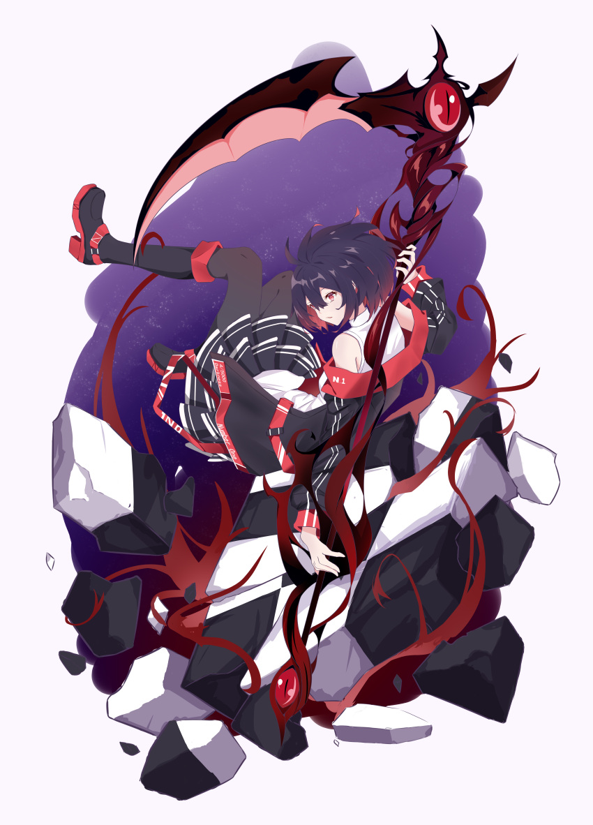 1girl :o absurdres antenna_hair back bangs black_footwear black_jacket black_skirt boots casual full_body hair_between_eyes highres holding holding_weapon honkai_(series) honkai_impact_3rd jacket lavender_background leggings long_sleeves looking_at_viewer looking_back open_mouth red_eyes redhead rubble scythe seele_(alter_ego) seele_vollerei shirt short_hair skirt sleeveless solo sozha weapon white_shirt