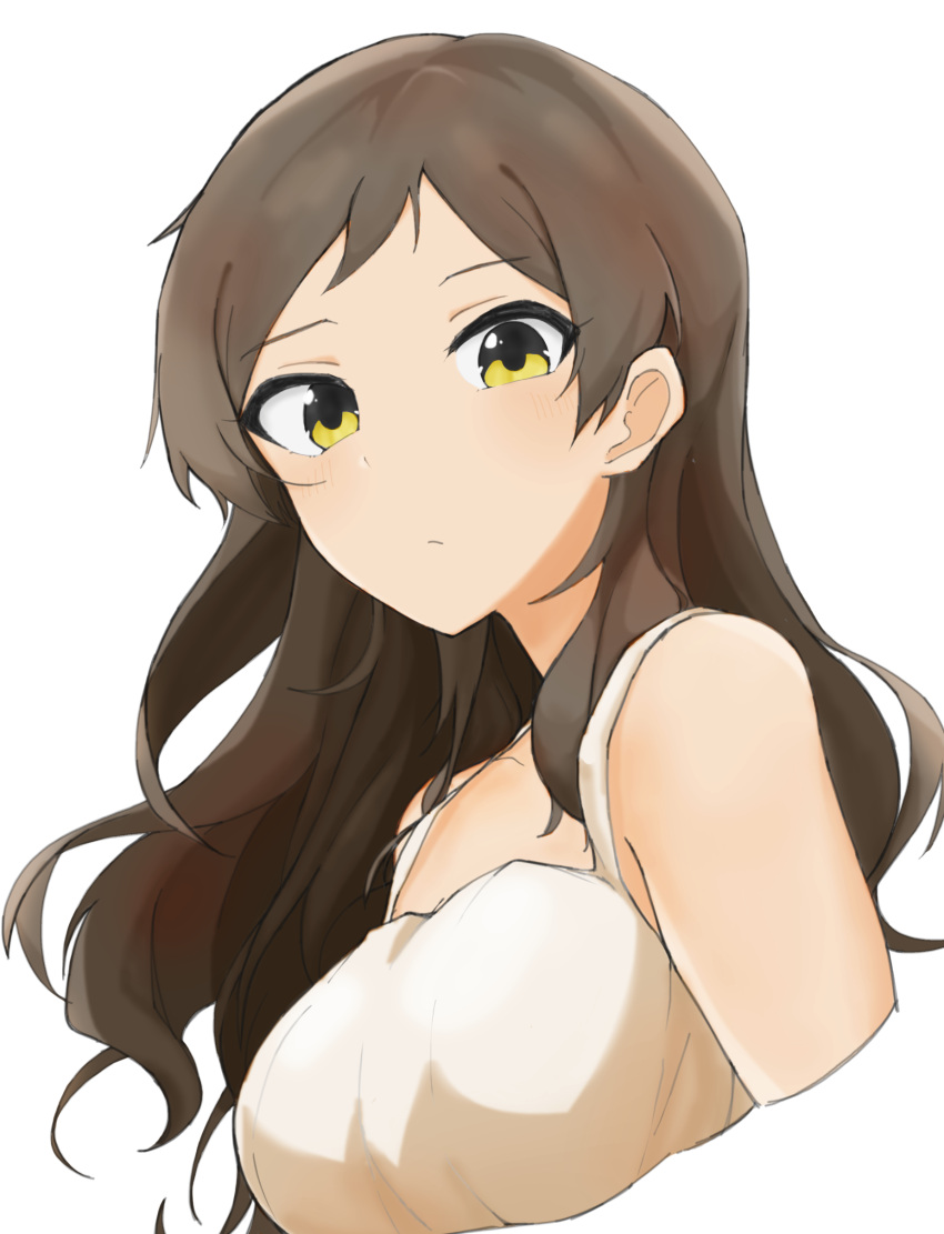 1girl absurdres alternate_costume bare_shoulders blush breasts brown_hair cropped_arms cropped_torso dress highres idolmaster idolmaster_million_live! jinoyou kitazawa_shiho looking_at_viewer looking_down medium_breasts simple_background sleeveless sleeveless_dress solo upper_body white_background yellow_eyes