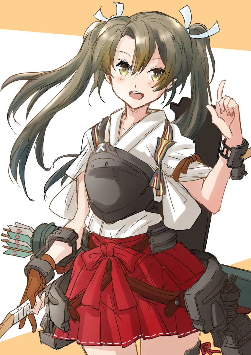 1girl brown_gloves dark_green_hair fuji_(pixiv24804665) gloves green_eyes grey_hair hakama hakama_short_skirt hakama_skirt highres index_finger_raised japanese_clothes kantai_collection long_hair muneate partially_fingerless_gloves quiver red_hakama ribbon single_glove skirt solo tasuki twintails white_ribbon yugake zuikaku_(kancolle)