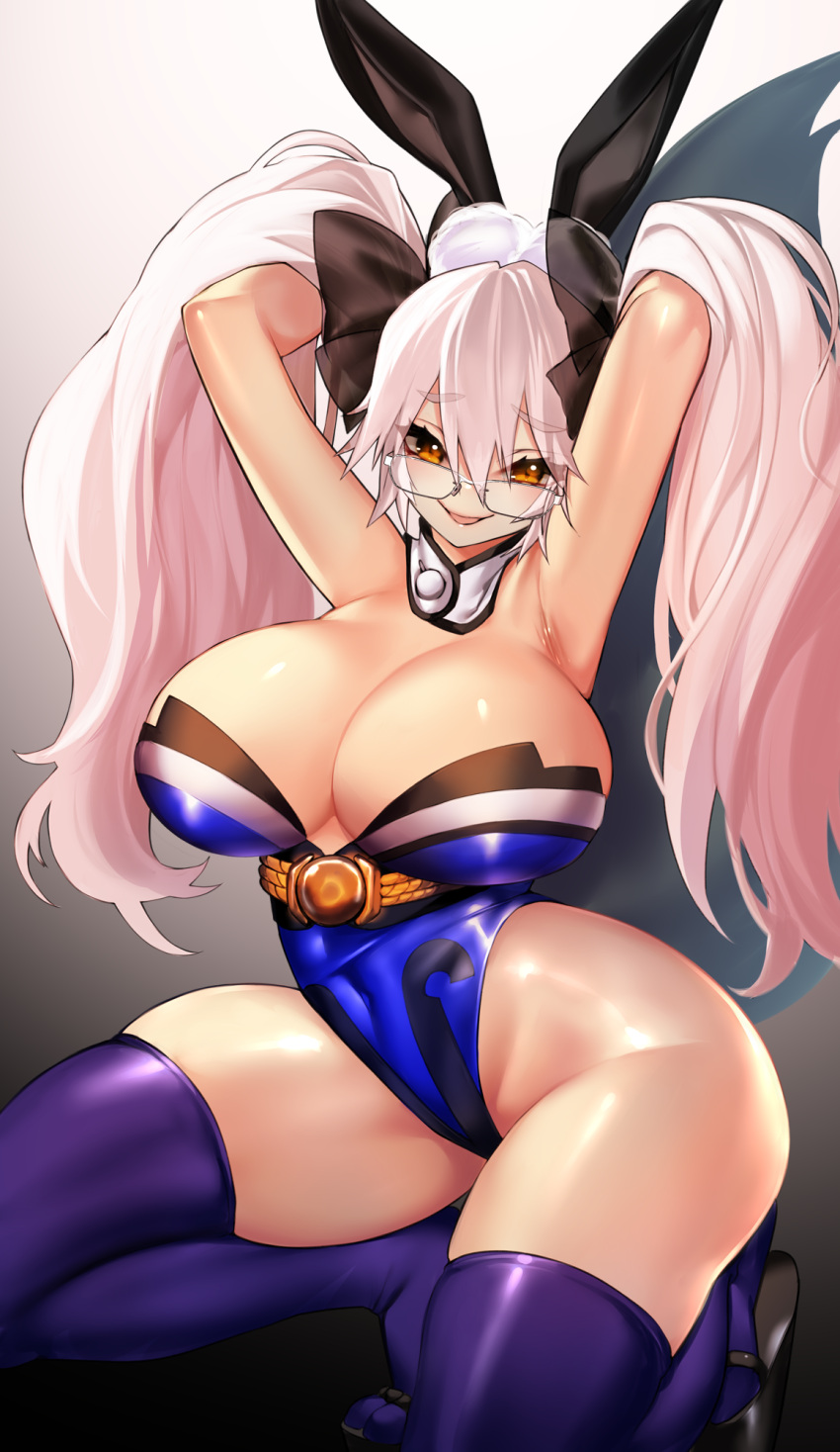 1girl animal_ear_fluff animal_ears armpits arms_behind_head arms_up bangs black_bow blue_legwear blue_leotard blush bow breasts covered_navel detached_collar fate/grand_order fate_(series) fox_tail glasses hair_between_eyes hair_bow highleg highleg_leotard highres kneeling koyanskaya_(fate) large_breasts leotard long_hair looking_at_viewer open_mouth pink_hair rabbit_ears rahato sidelocks smile solo tail tamamo_(fate) thigh-highs thighs twintails yellow_eyes