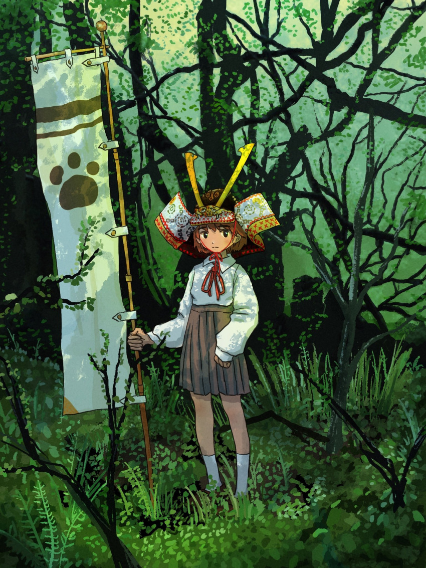 1girl armor banner black_eyes branch brown_hair brown_legwear closed_mouth collared_shirt commentary_request day eyebrows_visible_through_hair forest full_body grass green_background grey_skirt helmet high-waist_skirt highres japanese_armor kabuto loafers long_sleeves looking_at_viewer nature neck_ribbon nobori original outdoors paw_print pleated_skirt red_neckwear red_ribbon ribbon school_uniform shirt shoes short_hair skirt sleeves_past_wrists socks solo split_mouth standing tree white_legwear white_shirt wing_collar xpomorin