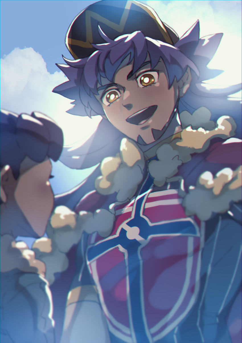 2boys :d baseball_cap bright_pupils brothers cape champion_uniform clouds commentary_request dark-skinned_male dark_skin day facial_hair fur-trimmed_cape fur-trimmed_jacket fur_trim hat highres hop_(pokemon) jacket komame_(st_beans) leon_(pokemon) long_hair male_focus multiple_boys open_mouth outdoors pokemon pokemon_(game) pokemon_swsh purple_hair red_cape shield_print shirt short_hair short_sleeves siblings sky smile sword_print tongue upper_teeth white_pupils yellow_eyes