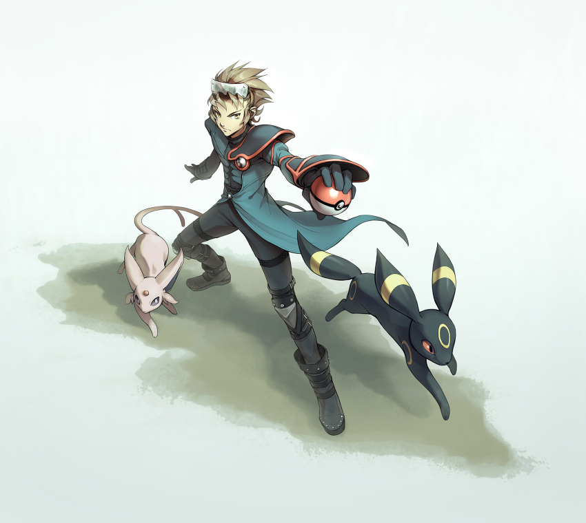 1boy aqua_coat bangs blonde_hair boots closed_mouth coat commentary espeon gen_2_pokemon gloves grey_footwear grey_pants highres holding holding_poke_ball kazuko_(towa) legs_apart looking_to_the_side male_focus outstretched_arm pants poke_ball pokemon pokemon_(creature) pokemon_(game) pokemon_colosseum short_hair shoulder_pads spiky_hair standing umbreon visor wes_(pokemon) yellow_eyes