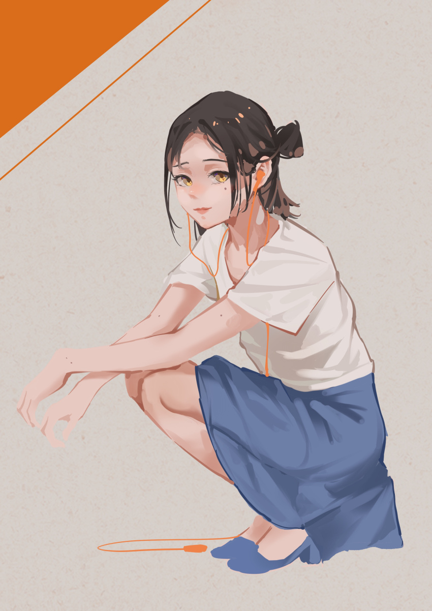 1girl absurdres blue_footwear blue_skirt brown_hair chinese_commentary closed_mouth commentary_request earphones earphones full_body grey_background hair_bun highres lips long_hair medium_hair mole mole_on_arm mole_under_eye mudined orange_background original shirt short_sleeves skirt solo squatting white_shirt yellow_eyes