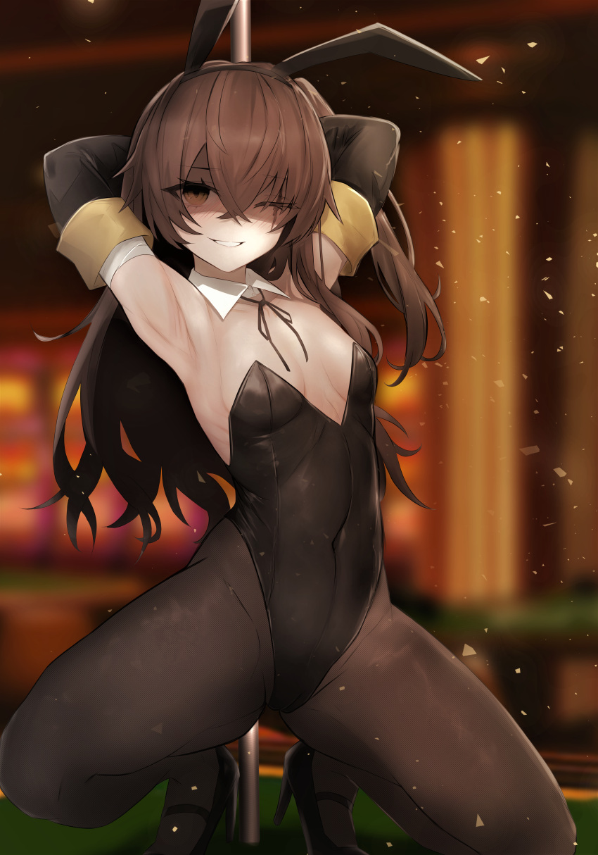 1girl absurdres arms_behind_head blush breasts girls_frontline grin highres huge_filesize playboy_bunny re1kirisaki342 shaded_face small_breasts smile solo squatting ump45_(girls_frontline)