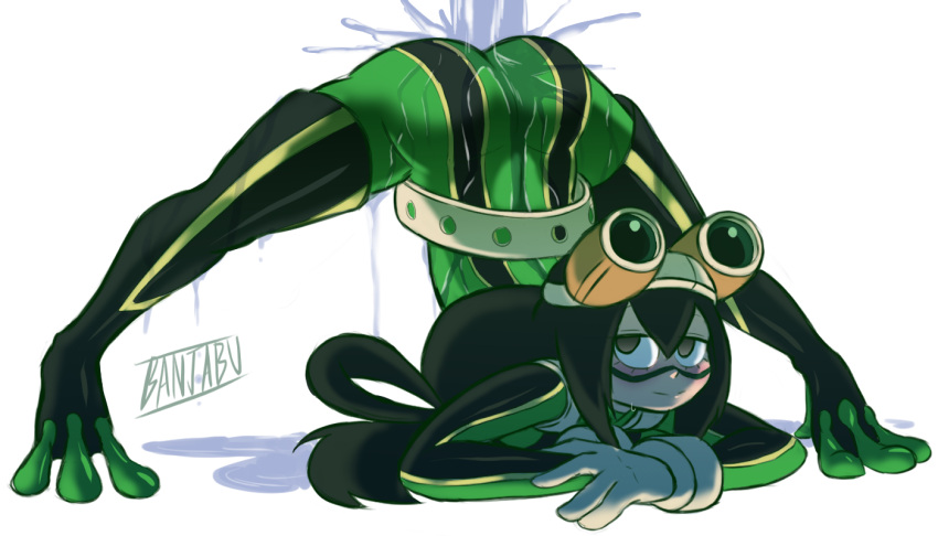 1girl artist_name ass asui_tsuyu bangs banjabu belt bodysuit boku_no_hero_academia bow_by_hair frog_girl gloves goggles goggles_on_head green_bodysuit green_eyes green_hair hair_between_eyes hair_rings jack-o'_valentine long_hair looking_at_viewer low-tied_long_hair pose pouring simple_background smile solo spread_legs superhero very_long_hair water wet white_background