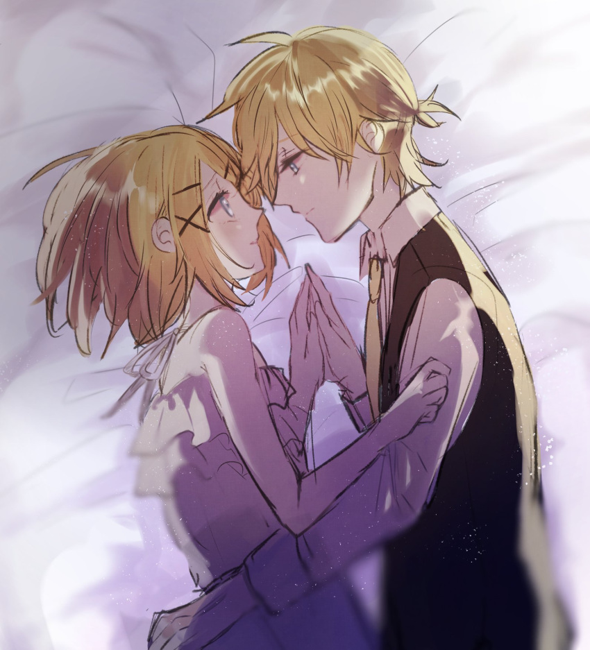 1boy 1girl adolescence_(vocaloid) bed_sheet blonde_hair blue_eyes brother_and_sister camisole eye_contact face-to-face flat_chest frilled_camisole hair_ornament hairclip hands_together highres hug kagamine_len kagamine_rin layered_camisole looking_at_another lying necktie on_bed on_side serious shirt short_ponytail siblings sketch sleeveless sleeveless_jacket twins vocaloid warabi_(danngo-mitarasi) white_camisole yellow_neckwear