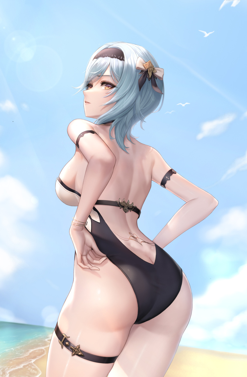 1girl absurdres adjusting_clothes adjusting_swimsuit alternate_costume ass bangs bare_back beach blue_hair blue_sky blurry bow bracelet breasts brown_eyes clouds cloudy_sky commentary depth_of_field dimples_of_venus english_commentary eula_(genshin_impact) eyebrows_visible_through_hair from_behind genshin_impact hair_between_eyes hair_bow hair_ribbon hairband highres horizon jewelry kie_(wylee2212) leaning_forward long_hair looking_at_viewer looking_back ocean one-piece_swimsuit ribbon sideboob sidelocks sky solo swimsuit tattoo thighs