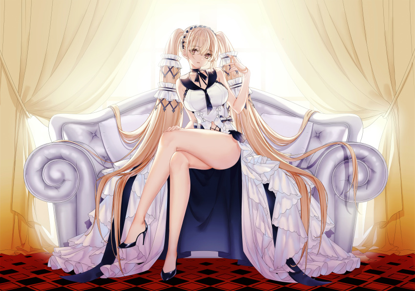 1girl absurdly_long_hair absurdres ass azur_lane black_choker black_footwear black_neckwear black_sailor_collar blonde_hair bow_dress breasts checkered checkered_floor choker clothing_cutout couch crossed_legs curtains dress dress_flower eyebrows_visible_through_hair feather_dress formidable_(azur_lane) formidable_(timeless_classics)_(azur_lane) full_body hand_in_hair high_heels highres indoors large_breasts long_hair looking_at_viewer official_alternate_costume qiao_gongzi sailor_collar shoes sleeveless sleeveless_dress solo stiletto_heels twintails two-tone_dress two-tone_ribbon very_long_hair white_dress yellow_eyes