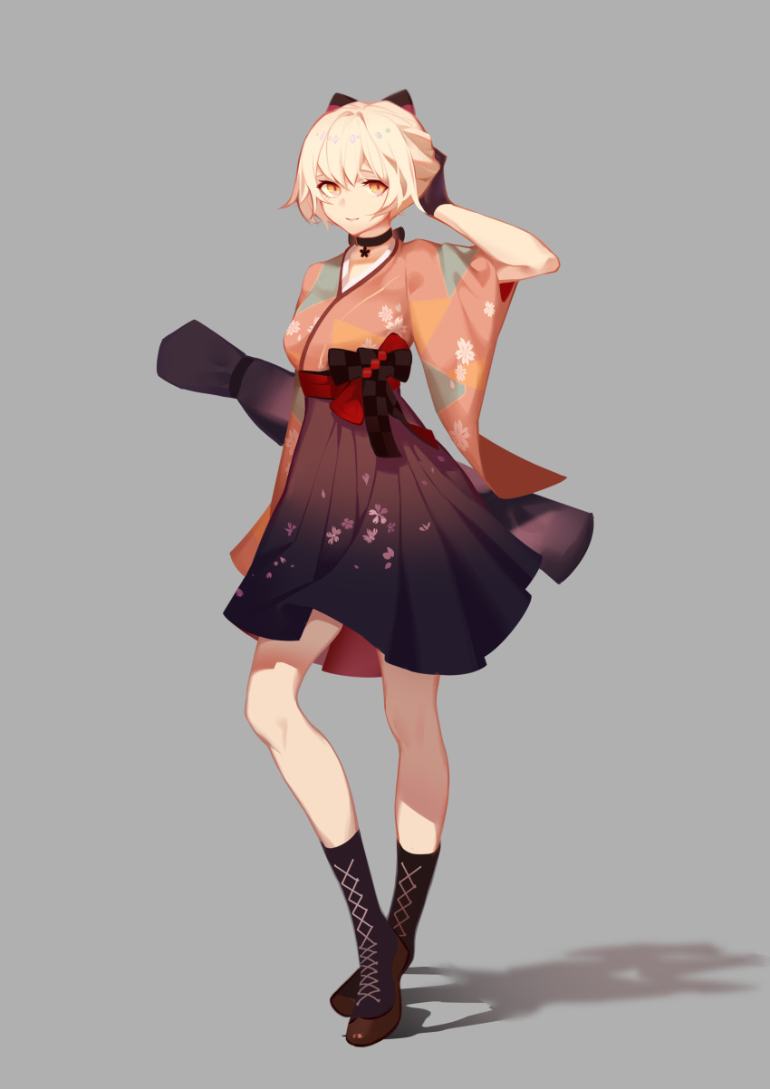 1girl absurdres black_bow black_choker black_footwear black_gloves black_skirt blonde_hair boots bow chinese_commentary choker closed_mouth commentary_request floral_print flower_choker full_body girls_frontline gloves grey_background hakama hakama_skirt hand_up highres japanese_clothes kimono looking_at_viewer mudined orange_eyes orange_kimono ots-14_(girls_frontline) print_skirt shadow simple_background skirt smile solo standing tied_hair