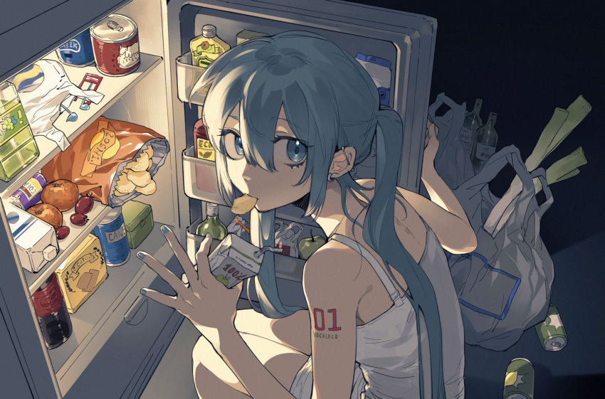 1girl apple aqua_eyes aqua_hair aqua_nails bag bag_of_chips barbell_piercing beamed_eighth_notes bottle can canned_food chips commentary drink ear_piercing earrings eating eighth_note food food_in_mouth from_above from_side fruit grocery_bag hair_between_eyes hatsune_miku highres holding holding_drink indoors industrial_piercing jewelry juice_box liangjing long_hair looking_back mandarin_orange mouth_hold musical_note nail_polish night nightgown number_tattoo piercing plastic_bag potato_chips refrigerator refrigerator_interior shopping_bag shoulder_tattoo sleeveless solo spring_onion squatting tattoo twintails very_long_hair vocaloid white_nightgown
