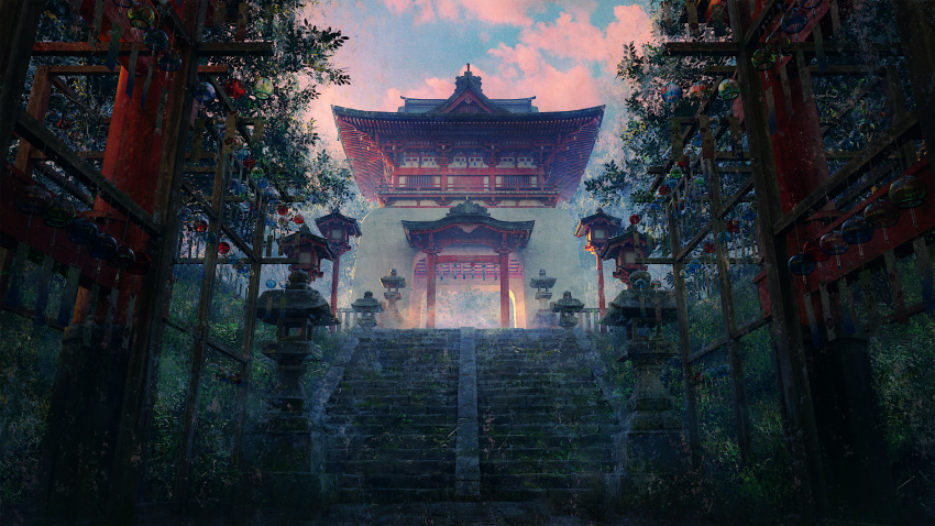 absurdres architecture branch clouds east_asian_architecture grass highres hisamesy huge_filesize leaf no_humans original outdoors scenery shrine sky stairs sunlight tree twilight wind_chime window