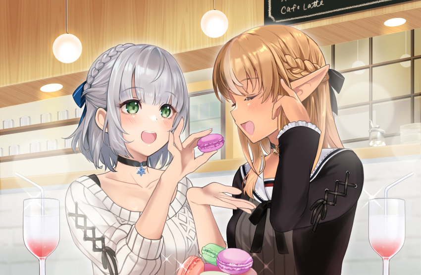 2girls black_choker black_ribbon blonde_hair blue_ribbon braid breasts cafe chalkboard choker closed_eyes cup dark-skinned_female dark_skin dress drinking_glass drinking_straw elf feeding food french_braid green_eyes hair_ribbon hanging_light high_ponytail highres holding holding_food hololive large_breasts lens_flare long_hair macaron multicolored_hair multiple_girls open_mouth pointy_ears ribbed_sweater ribbon sailor_dress shiranui_flare shirogane_noel short_hair silver_hair sndk1480 snowflake_pendant streaked_hair sweater virtual_youtuber wavy_hair white_sweater