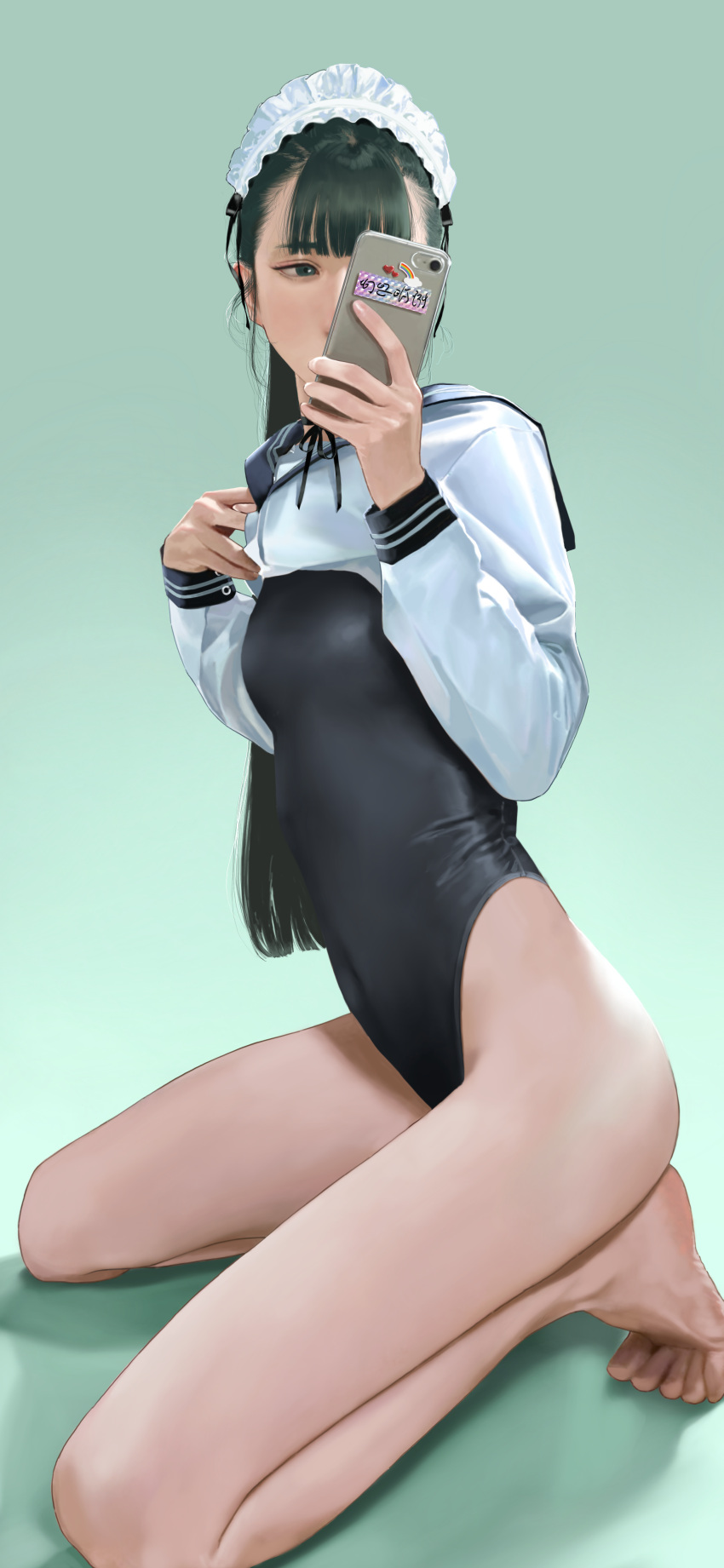 1girl absurdres bangs barefoot black_eyes black_hair black_swimsuit breasts cellphone commentary highres hiramedousa kneeling long_hair maid_headdress one-piece_swimsuit one_eye_closed original phone sailor_collar smartphone solo swimsuit