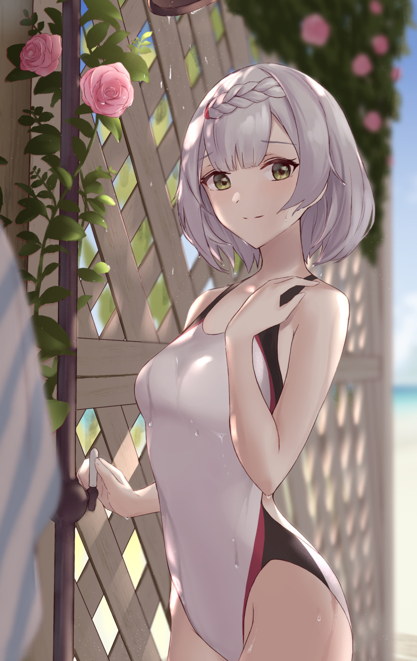 1girl beach blue_sky braid commentary_request competition_swimsuit day fence flower futsuhara genshin_impact green_eyes highres looking_at_viewer noelle_(genshin_impact) ocean one-piece_swimsuit pink_flower pink_rose rose short_hair silver_hair sky smile solo standing swimsuit upper_body wet white_swimsuit wooden_fence