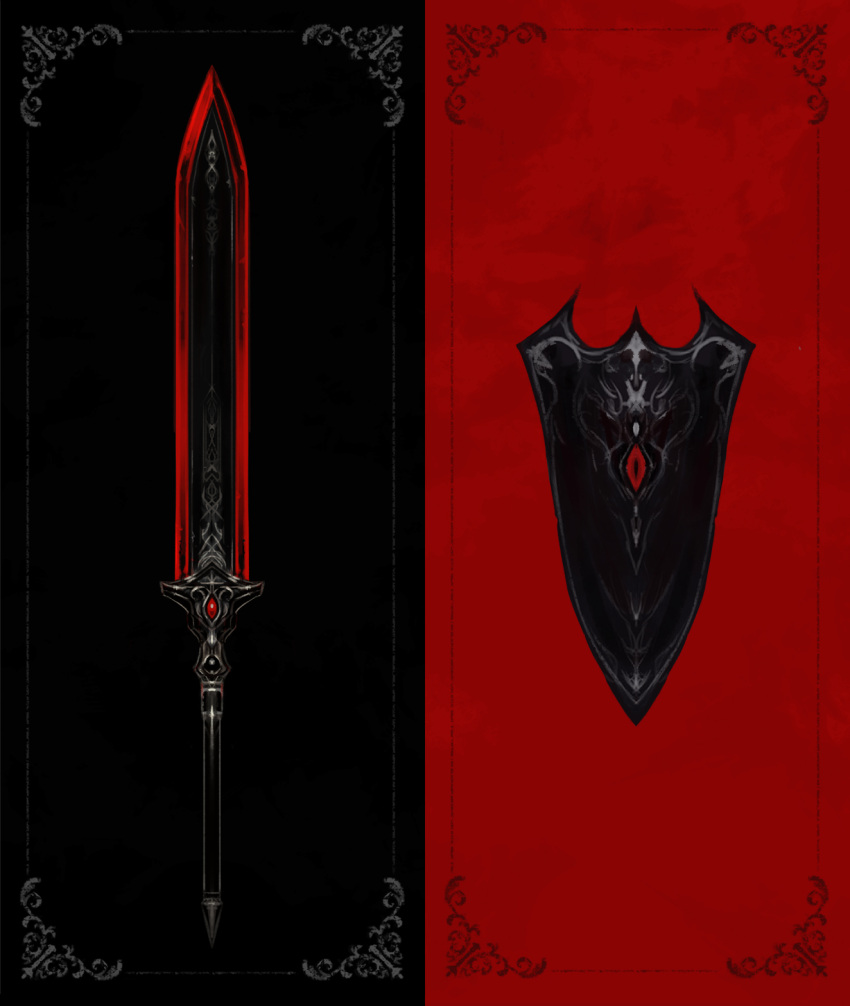 black_background border fantasy gem highres lama_064 no_humans original red_background shield sword texture weapon