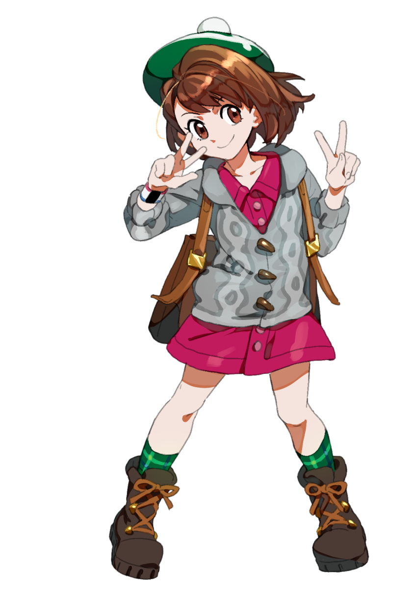 1girl backpack bag bob_cut boots brown_bag brown_eyes brown_footwear brown_hair buttons cable_knit cardigan closed_mouth collared_dress dress full_body gloria_(pokemon) green_headwear green_legwear grey_cardigan hat highres hooded_cardigan komame_(st_beans) legs_apart pink_dress plaid plaid_legwear pokemon pokemon_(game) pokemon_swsh short_hair simple_background smile socks solo standing tam_o'_shanter white_background