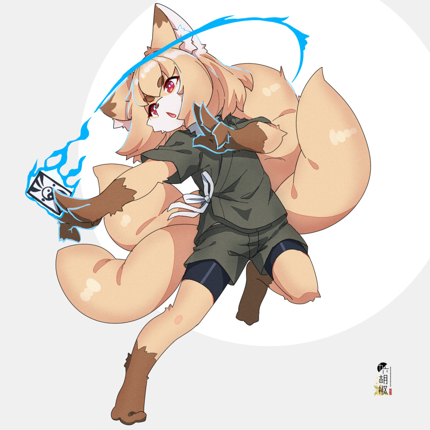 1girl animal_ear_fluff animal_ears bangs between_fingers bike_shorts black_shorts brown_shorts card eyebrows_visible_through_hair fox_ears fox_girl fox_tail full_body furry grey_background highres holding holding_card indie_virtual_youtuber kamiya_ris kitsune kuro_kosyou looking_away looking_to_the_side parted_lips red_eyes short_eyebrows short_shorts short_sleeves shorts shorts_under_shorts solo standing standing_on_one_leg tail thick_eyebrows two-tone_background virtual_youtuber white_background yin_yang