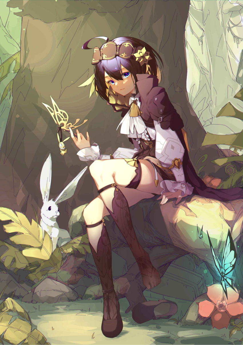 1girl antenna_hair bangs blue_butterfly blue_eyes blue_hair brown_footwear brown_legwear bug butterfly cape closed_mouth forest full_body hair_between_eyes hair_ornament highres holding holding_wand homu_(honkai_impact) honkai_(series) honkai_impact_3rd insect linxi long_sleeves looking_at_viewer nature outdoors rabbit seele_vollerei seele_vollerei_(swallowtail_phantasm) shirt shoe_removed shoes short_hair single_shoe sitting solo tree wand white_shirt