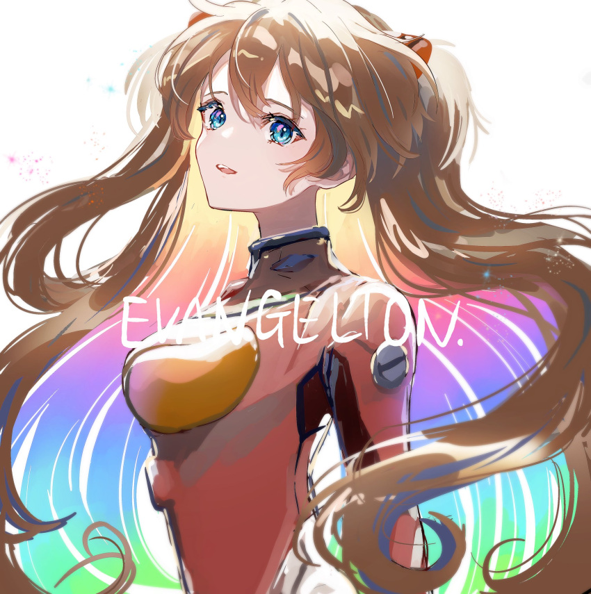 1girl bangs blue_eyes bodysuit breasts colored_inner_hair commentary_request from_side gradient_hair highres interface_headset light_particles light_smile long_hair looking_at_viewer medium_breasts multicolored_hair nanaponi neon_genesis_evangelion orange_hair parted_lips plugsuit rainbow_gradient red_bodysuit solo souryuu_asuka_langley upper_body upper_teeth white_background
