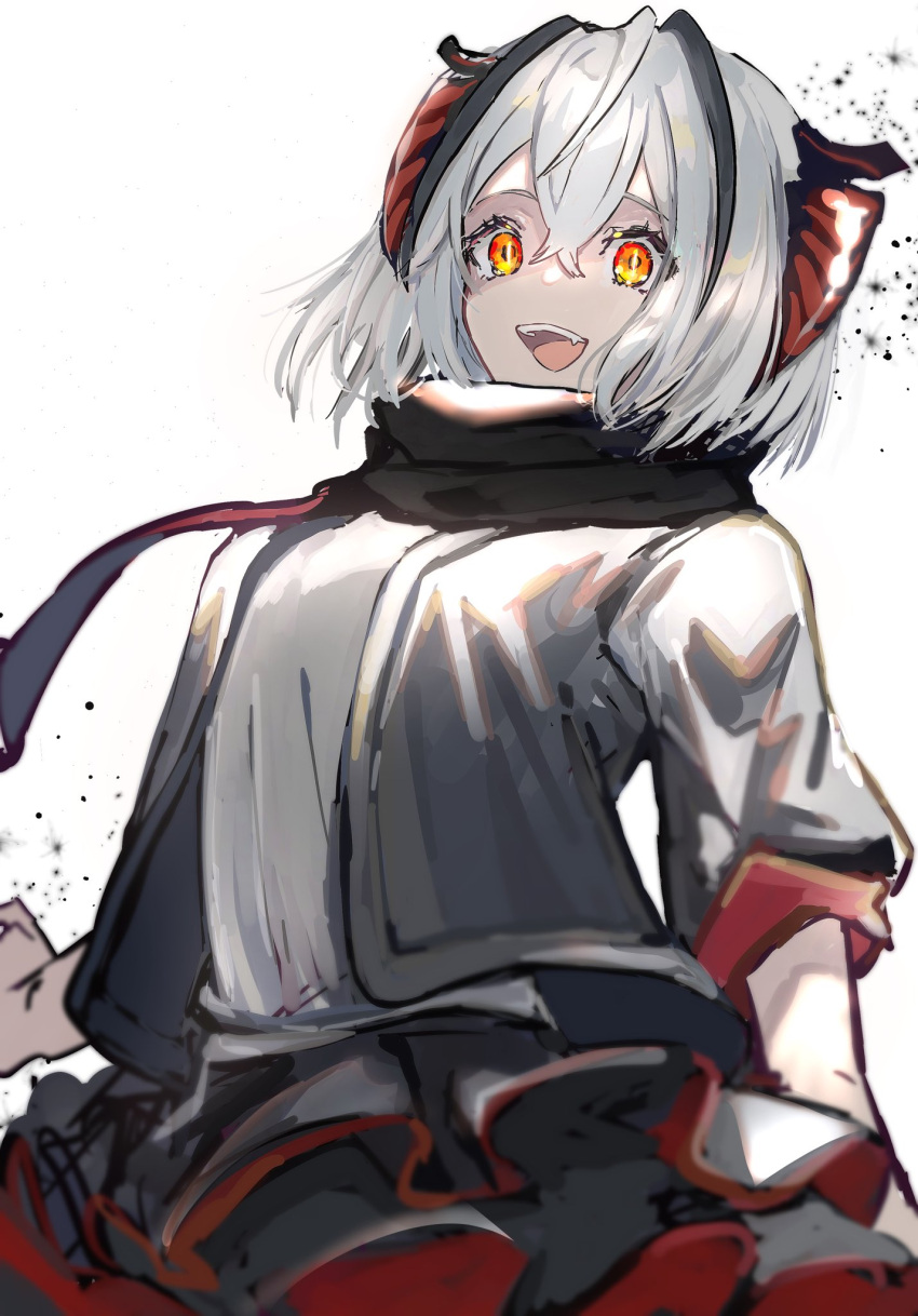 1girl antennae arknights black_jacket black_scarf black_skirt commentary_request cowboy_shot crazy_smile fang grey_hair grey_shirt highres jacket light_particles looking_at_viewer nanaponi open_mouth orange_eyes red_skirt scarf shirt short_hair short_sleeves simple_background skirt solo two-sided_fabric two-sided_skirt w_(arknights) white_background