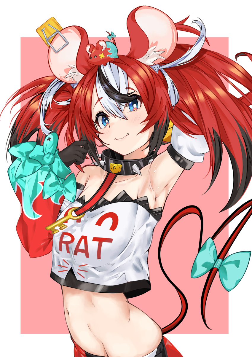 1girl absurdres animal_ears bine_kun cheese collar dice_hair_ornament food hair_ornament hakos_baelz highres holocouncil hololive hololive_english key_necklace mouse mouse_ears mouse_girl mouse_tail mousetrap mr._squeaks_(hakos_baelz) rat solo spiked_collar spikes tail virtual_youtuber