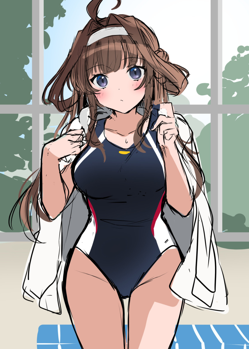 1girl absurdres ahoge blue_eyes blush breasts brown_hair groin headband highres jacket jacket_on_shoulders kantai_collection kongou_(kancolle) large_breasts looking_at_viewer one-piece_swimsuit short_hair sidelocks sketch solo swimsuit swimsuit_under_clothes thighs white_headband yunamaro