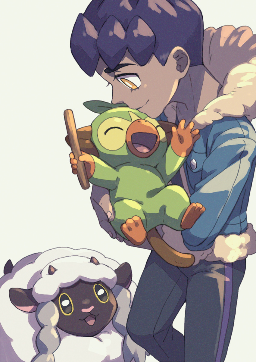 1boy black_pants black_shirt blue_jacket bright_pupils closed_mouth commentary_request dark-skinned_male dark_skin fur-trimmed_jacket fur_trim gen_8_pokemon grookey highres holding holding_pokemon holding_stick hop_(pokemon) jacket komame_(st_beans) male_focus open_clothes open_jacket pants pokemon pokemon_(creature) pokemon_(game) pokemon_swsh purple_hair shirt short_hair sleeves_past_elbows smile stick white_pupils wooloo yellow_eyes