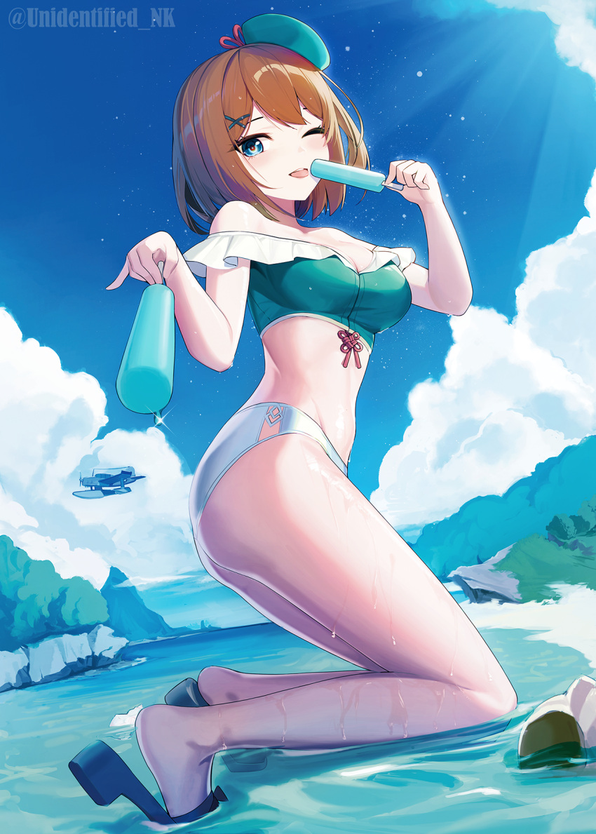 1girl adapted_costume aircraft airplane aqua_bikini aqua_headwear bare_arms bare_legs bare_shoulders beret bikini blue_eyes brown_hair clouds cloudy_sky day food groin hair_ornament hat highres holding holding_food kantai_collection maya_(kancolle) off-shoulder_bikini off_shoulder one_eye_closed popsicle remodel_(kantai_collection) shore short_hair sky smile solo swimsuit tongue tongue_out twitter_username unidentified_nk x_hair_ornament
