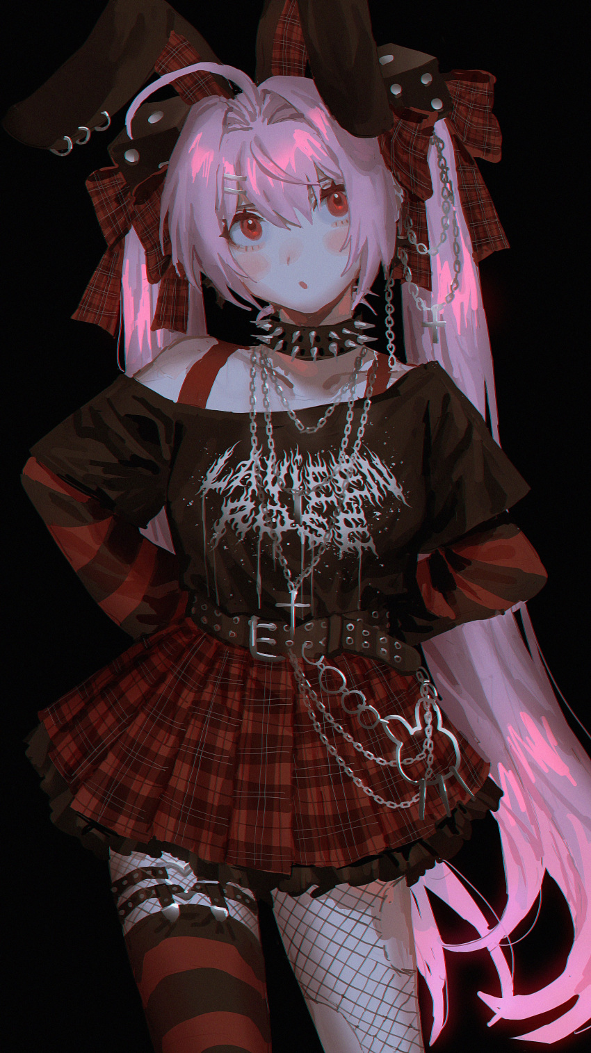 1girl :o absurdres ahoge animal_ears arms_behind_back asymmetrical_legwear black_background bow bra_strap chain chain_necklace choker clothes_writing cross cross_necklace fake_animal_ears fishnets garter_straps gothic hair_bow hair_intakes hair_ornament hairpin highres jewelry layered_clothing layered_sleeves long_hair long_sleeves looking_up necklace off-shoulder_shirt off_shoulder open_mouth original pale_skin piercing pink_hair plaid plaid_headwear plaid_skirt pleated_skirt rabbit_ears red_eyes shirt short_over_long_sleeves short_sleeves skirt solo spiked_choker spikes striped striped_legwear striped_shirt studded_garter_belt thigh_strap torn_clothes torn_legwear twintails very_long_hair yatatashira