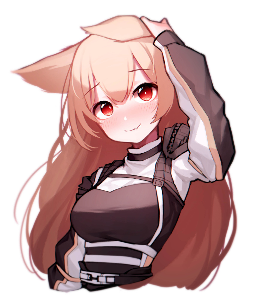 1girl absurdres animal_ears arknights beudelb black_jacket blush breasts brown_hair ceobe_(arknights) closed_mouth commentary cropped_torso dog_ears eyebrows_visible_through_hair fang hand_on_head hand_on_own_head highres jacket korean_commentary large_breasts long_hair looking_at_viewer red_eyes simple_background skin_fang solo upper_body white_background