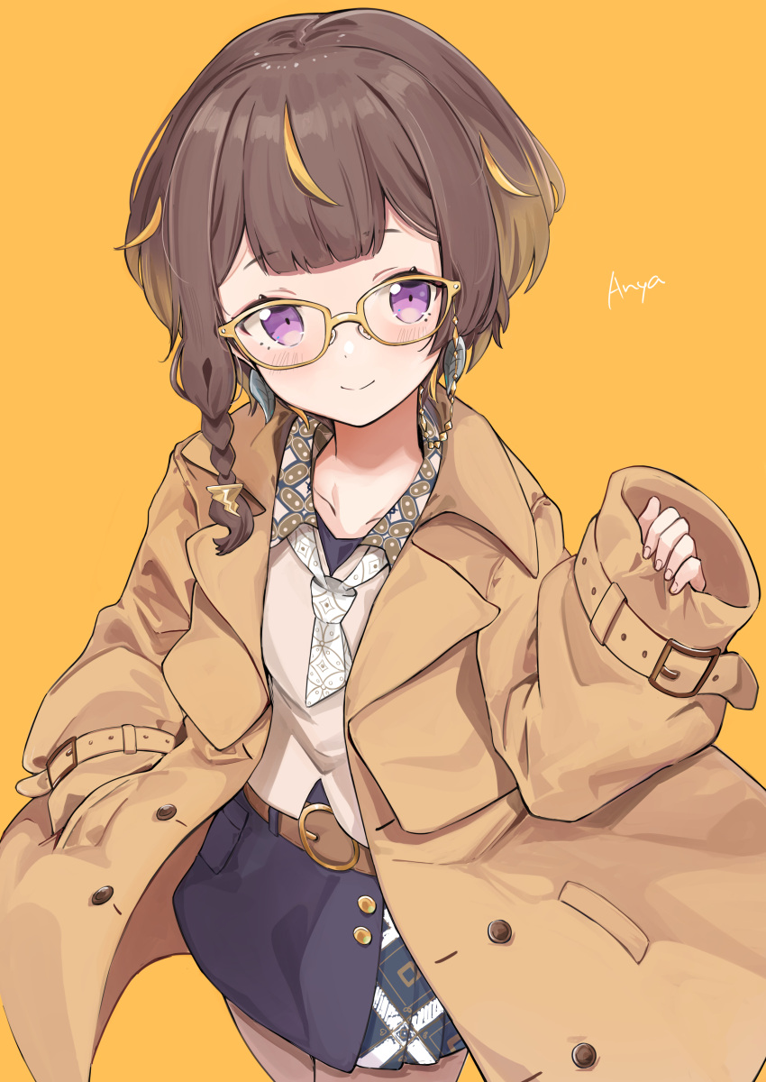 1girl absurdres anbasa_(amaneyuz13) anya_melfissa belt black_skirt brown_hair brown_jacket glasses highres hololive hololive_indonesia jacket long_sleeves multicolored_hair shirt short_hair simple_background skirt smile streaked_hair violet_eyes virtual_youtuber white_shirt