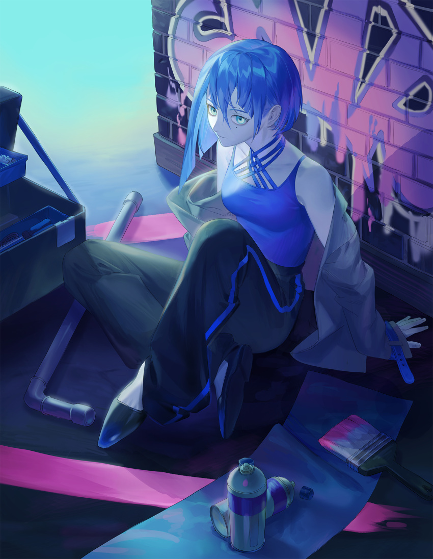 1girl black_legwear blue_eyes blue_hair blue_shirt brick_wall full_body graffiti highres looking_at_viewer mole original paintbrush pants shirt short_hair sitting slippers solo spray_can sweatpants warmheadegg